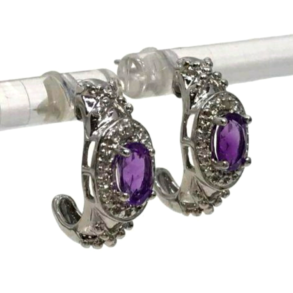 Amethyst & Diamond Accent Half Hoop Sterling Silver Earrings